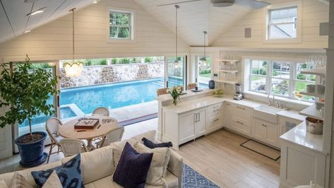 Pool House Plans and Designs – Forbes Home Small Pool House Interior, Pole Barn Pool House, Simple Pool House, Barn Pool House, Small Pool House, Luxury Pool House, Pool House Kitchen, Barn Pool, Pool House Bathroom