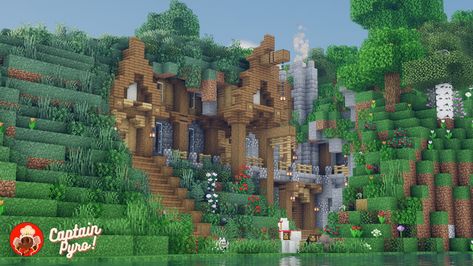 Minecraft House Into Mountain, Cute Minecraft Hill House, Mountain Cottage Minecraft, Minecraft Houses On Hill, House In A Mountain Minecraft, Hill Houses Minecraft, House In Hill Minecraft, Minecraft House Mountainside, Hill Base Minecraft