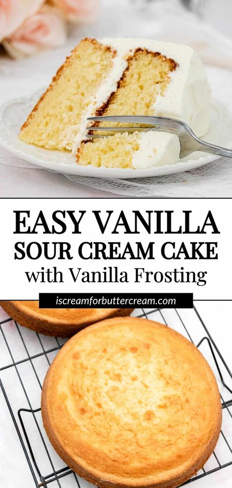 This easy vanilla sour cream cake uses a cake mix as the base and a few more ingredients to make it extra moist, and to give it that from scratch, homemade taste but in much less time. Moist Vanilla Cake Recipe Sour Cream, Doctored Vanilla Cake Mix Recipes, Cake Mix Hacks Boxes Recipe, Cake Mix Cakes That Taste Homemade, Moist Cake Recipes Homemade, Vanilla Cake Mix Recipes, Chocolate Chip Pound Cake, Vanilla Mug Cakes, Vanilla Bean Cakes