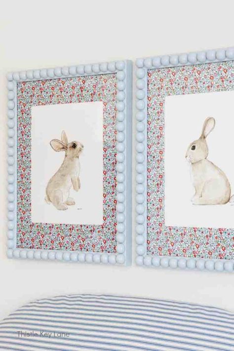 DIY Bobbin Frames In Spring Colors. Create a pretty bobbin frame for your favorite art to display on a gallery wall or any small space. How To Recycle Old Frames. DIY Beaded Frames. Easy Paint Frame Project. Rabbit Watercolor Artwork. Wall Art Childrens Bedroom, Using Picture Frames For Decor, Framed Kids Artwork, Picture Frame Diy Crafts, Diy For Nursery, How To Frame Wallpaper, Framed Baby Clothes, Nursery Frames Decor, Diy Frame Art