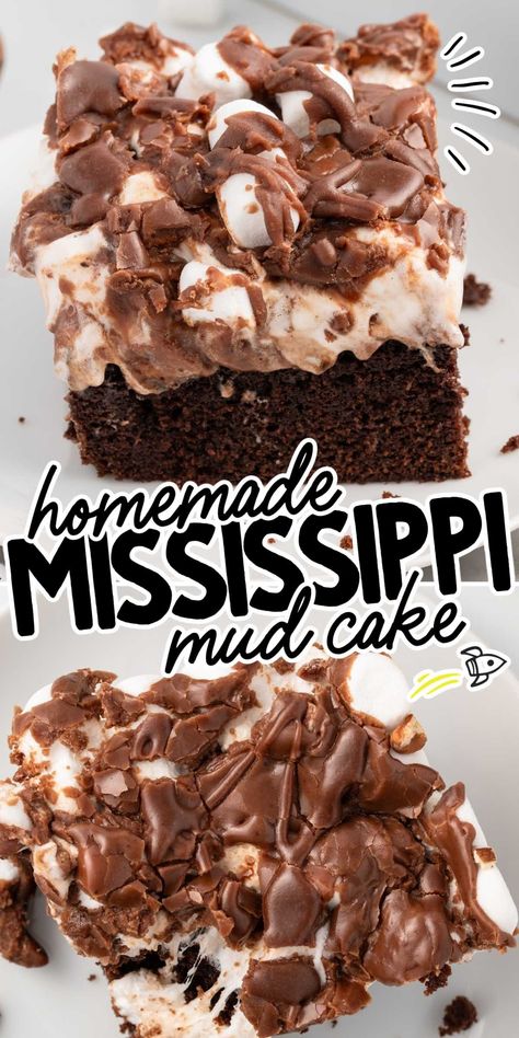 You'll devour the rich layers of Mississippi Mud Cake topped with delectable homemade chocolate frosting, marshmallows, and pecans. Easy to make and perfect for any event, it's a sure crowd-pleaser! Recipe For Mississippi Mud Cake, Mississippi Mud Pie Cake, Peanut Butter Mississippi Mud Brownies, Moo Cow Cake Recipe, Mississippi Mud Cake Recipe, Missippi Mud Cake Recipe, Mississippi Mud Cake With Box Cake, Caramel Mud Cake, Mississippi Mud Cake