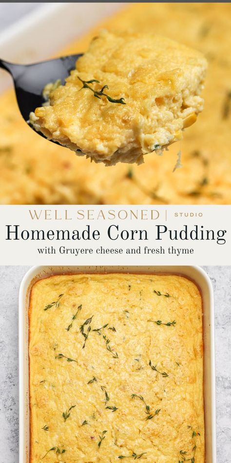 Creamy Southern Corn Pudding (For Thanksgiving!) Savory Corn Pudding, Fall Cornbread, Thanksgiving Pudding, Cornbread Casseroles, Cornbread Souffle, Jiffy Corn Pudding, Southern Corn Pudding, Sweetcorn Recipes, Easy Corn Pudding