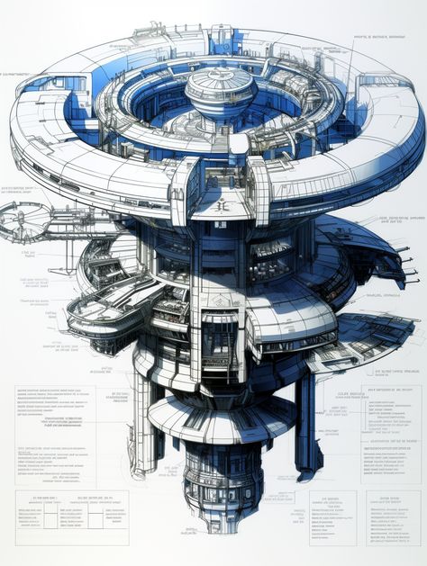 A detailed mechanical plan for a futuristic space station, including the engineering drawing. AI-generated Massive Spaceship Concept Art, Isometric Space Station, Spaceship Blueprint Sci Fi, Cyberpunk Space Station, Futuristic Machine Design, Anime Space Station, Fantasy Space Station, Small Space Station Concept Art, Sci Fi Station