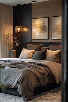 Dark Grey Small Bedroom, Bedrooms With Black Floors, Bedroom Decor Black Wall, Black Brown Bedding, Bedroom Paint Ideas Dark Furniture, Dark And Neutral Bedroom, Stylish House Design, Bedroom Ideas For Small Rooms Dark Wood, Neutral Master Bedrooms Decorating Ideas