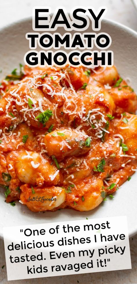 The simple tomato sauce in this easy gnocchi recipe is out of this world! This one-pan dinner is ready in 25 minutes for a mouthwatering yet completely hassle-free meal. What To Make With Tomato Sauce, Easy Gnocchi Meals, Tomato Soup Pasta Sauce, Italian Tomato Recipes, Gnocci Meals Dinners Easy, Gnocchi Recipes Homemade Sauce, Gnocchi Dishes Vegetarian, Gnocchi And Tomato Recipes, Gnocchi Recipes With Red Sauce