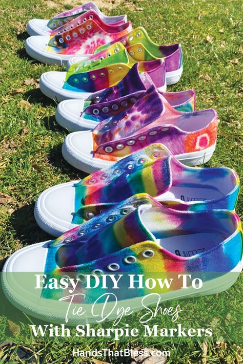 Easy DIY How to Tie dye Shoes with Sharpie Markers - Hands That Bless Tye Dye Shoes Diy, Sharpie Tie Dye Shoes, Tie Dye Shoes With Sharpies, How To Dye Canvas Shoes, Sharpie Shoes Diy, Dye Shoes Diy, Diy Canvas Shoes, Diy Tie Dye Shoes, Tye Dye Shoes