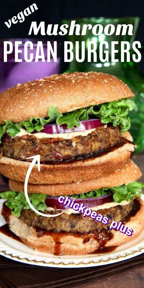 Vegan Mushroom Burger Chickpea Mushroom, Vegan Mushroom Burger, Veggie Patty, Mushroom Vegan, Sandwich Vegetarian, Mushroom Burgers, Vegan Burger Recipe, Patty Recipe, Vegan Pecan