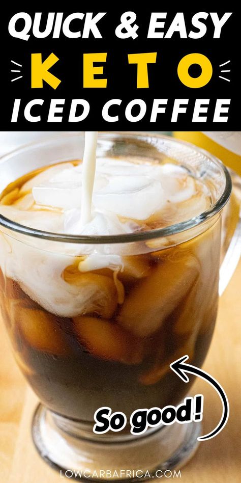 A glass filled with coffee with ice cubes and cream being poured into it with Pinterest overlay. Keto Coffee Drinks, Keto Iced Coffee, Healthy Iced Coffee, Iced Coffee Protein Shake, Coffee Protein Shake, Caramel Frappuccino, Ketogenic Meal Plan, Keto Coffee, Resep Diet