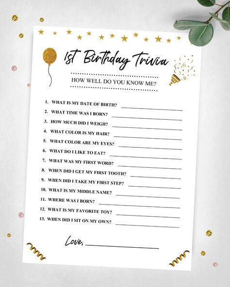 1st Birthday Trivia. How Well Do You Know Me Party Game. Gold | Etsy Teen Birthday Games, Birthday Trivia, Girls Birthday Games, 1st Birthday Party Games, Birthday Interview, Son's Birthday, Bday Decor, Sunflower Birthday, Birthday Party Game