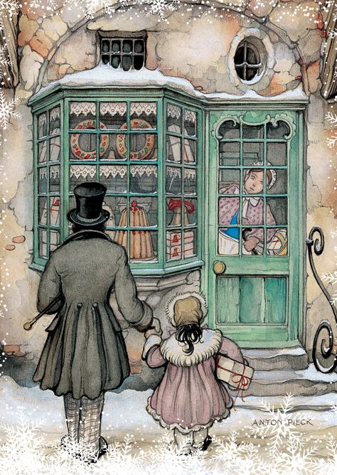 Kerstkaart met een illustratie van Anton Pieck van een vader met dochter kijkend naar de kerst etalage van de bakkerij. Anton Pieck, Postal Vintage, Image 3d, Dutch Painters, Dutch Artists, Christmas Scenes, Vintage Christmas Cards, Christmas Carol, Christmas Prints