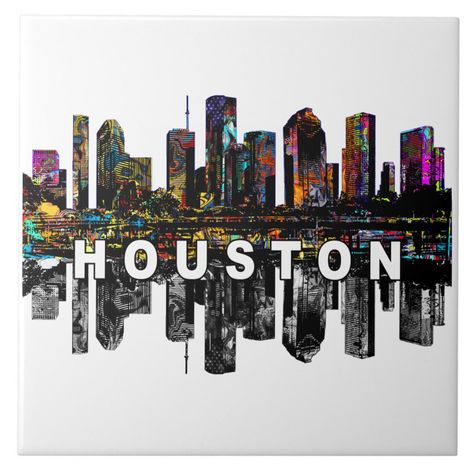 Houston, Texas covered in graffiti Ceramic Tile Houston City Skyline, Houston Street Art, Houston Tattoos, Texas Signs, Houston Design, Texas Theme, Houston Art, Houston Skyline, Vision 2024