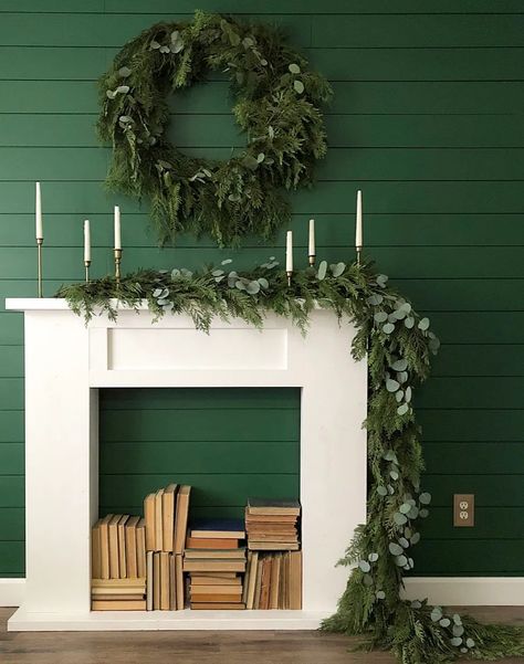 DIY Simple Faux Fireplace Faux Fireplace Store Display, Faux Fireplace Bookshelf, Diy Fireplace For Christmas, Decorating Sides Of Fireplace, French Country Faux Fireplace, Diy French Fireplace Surround, Diy Faux Mantle, Fake Fireplace Diy, Fake Fireplaces