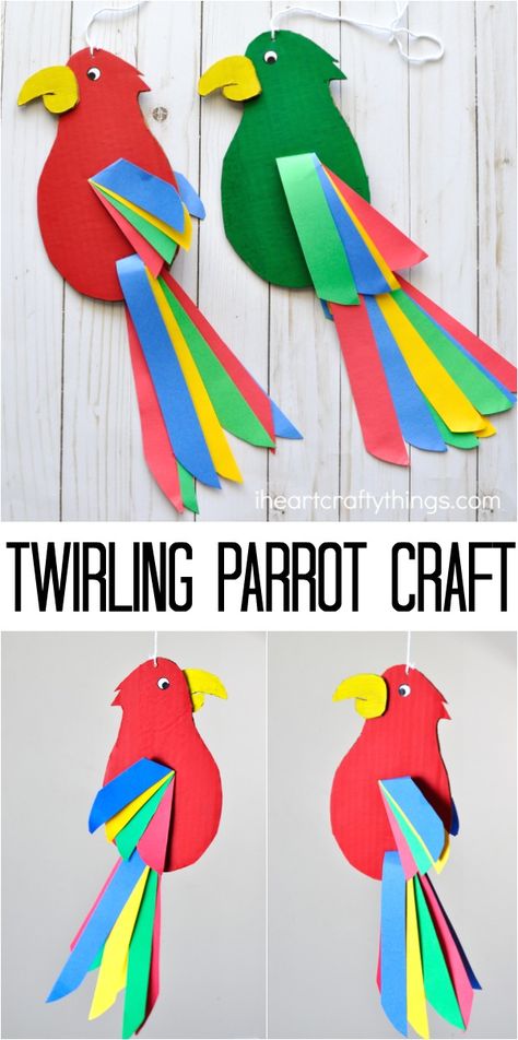 Colorful and fun twirling parrot craft for kids. Great bird craft for a jungle theme unit, fun kids crafts and jungle crafts for kids. Burung Kakatua, Tropisk Fest, Parrot Craft, Jungle Crafts, Bird Craft, Paper Bird, Construction Paper Crafts, Paper Craft Tutorials, Bird Crafts