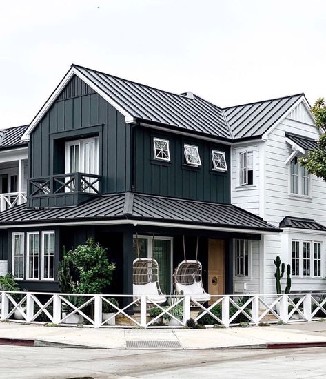 Kathleen Field Utah Designer on Instagram: “Going for a bike ride this morning, so I thought I’d share this black and white charmer shot by @greigedesign while riding her bike in…” Black Metal Roof, White Porch, White Exterior Houses, Brick Steps, Porch Roof, Hill Interiors, Casa Exterior, White Windows, Modern Farmhouse Exterior