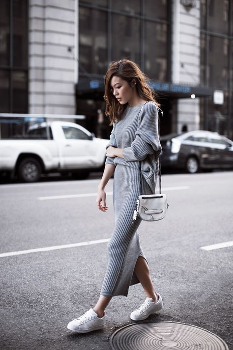 Grey Days – http://tsangtastic.com | Instagram @Tsangtastic Comfy Chic Outfits, Chique Outfit, Grey Knit Dress, Haine Diy, Chique Outfits, Sneakers Fashion Outfits, Grey Outfit, Cute Winter Outfits, Modieuze Outfits