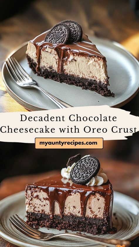 This Ultimate Chocolate Cheesecake with Oreo Crust is perfect for any dessert table, combining creamy chocolate cheesecake with a crispy Oreo base. Ideal for fall recipes, it’s a sweet treat that’s rich, smooth, and deliciously indulgent. A show-stopping dessert for any occasion! Chocolate Chip Cheesecake Oreo Crust, Homemade Oreo Cheesecake Recipes, Cheesecake Recipes Oreo Crust, Choc Cheesecake Recipes, Oreo Crust Desserts, Chocolate Crust Cheesecake, Cheesecake Recipes Oreo, Oreo Cheesecake Pie, Cheesecake Puff Pastry