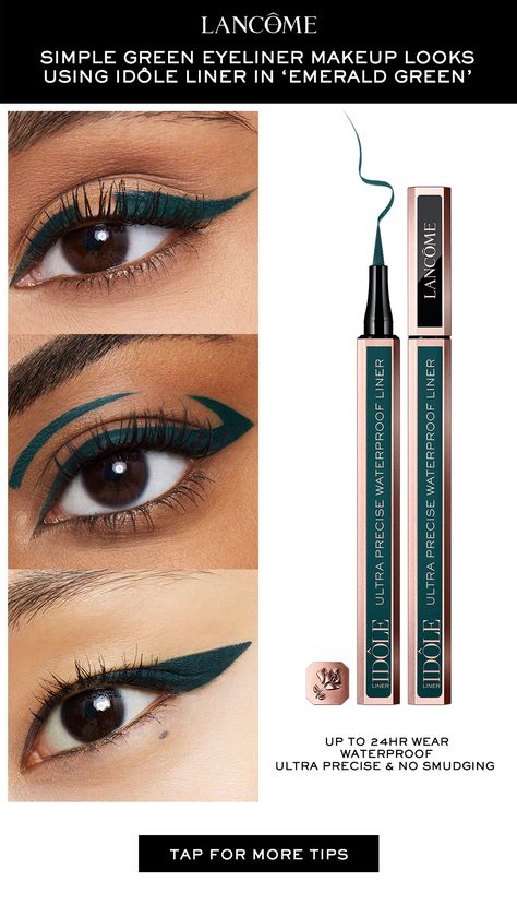 Green eyeliner looks using Lancôme's Idôle Liner in 'emerald green'. Dark Green Eyeliner, Green Eyeliner Looks, Green Eyeliner, Pants Women Fashion, Eyeliner Looks, Beauty Magazine, No Eyeliner Makeup, Wear Green, Hazel Eyes