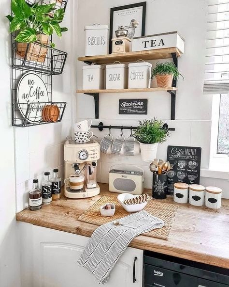 21+ Best Kitchen Counter Ideas That Will Transform Your Space - From Lemons To Luxury Coffee Bar Ideas Kitchen Counter Corner, Coffee Corner Kitchen, Coffee Bar Ideas Kitchen Counter, Coffee Station Kitchen, Coin Café, Tea Station, Home Coffee Bar, Kitchen Open, Corner Decor