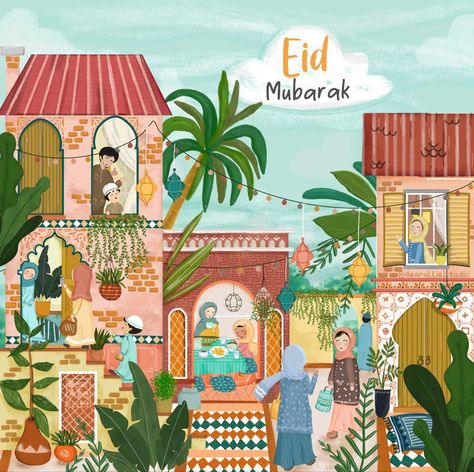 Eid illustration @dearallie.studio instagram Eid Illustration, Selamat Hari Raya Aidilfitri, Hari Raya Aidilfitri, Raya Aidilfitri, Selamat Hari Raya, Peace Happiness, Hari Raya, Happy Eid, Art Inspiration Painting