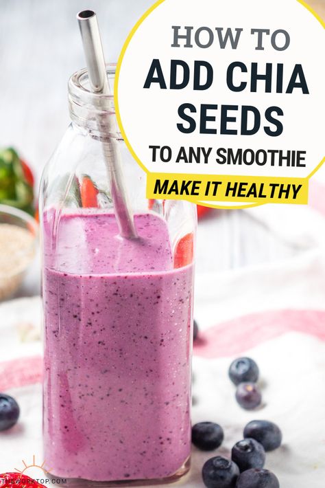 I love adding chia seeds to smoothies, and it's a trick that will keep you feeling full longer. Chia Seed Smoothie is a healthy breakfast that is quick to make. I add blueberries and strawberries to keep it low sugar. Recipe on The Worktop. | #chiaseeds #smoothies Chia Seed Smoothie Recipes, Blueberries And Strawberries, Fat Burning Smoothie Recipes, Chia Seed Smoothie, Chia Recipe, Chia Seeds Benefits, Chia Seed Recipes, Smoothie Prep, Fat Burning Smoothies