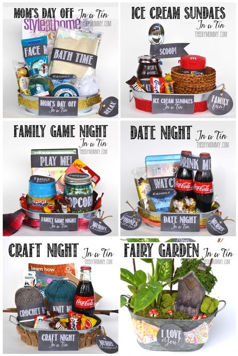 A Gift in a Tin: Craft Night in a Tin | The DIY Mommy Raffle Basket, Raffle Baskets, Baking Kit, Themed Gift Baskets, Auction Ideas, Diy Gift Baskets, Navidad Diy, Cadeau Diy, Silent Auction