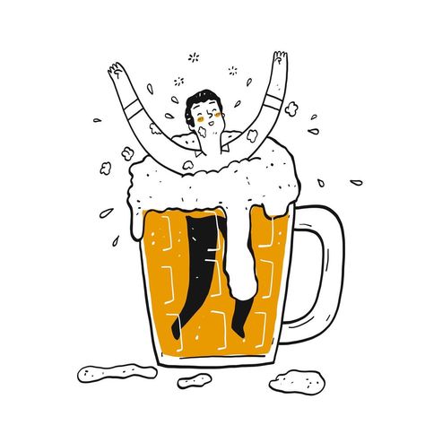 Hand drawn happy man in glass of beer Beer Logo Design, Beer Drawing, Mural Cafe, Beer Illustration, Beer Icon, Glass Of Beer, Beer Wall, Beer Graphic, Happy Man