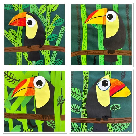 Kids Art Lesson, Brazil Art Projects For Kids, Jungle Art For Kids, Jungle Theme Art Projects, Rainforest Art For Kids, Bird Art For Kids, Jungle Crafts For Kids, Rainforest Art Project, Parrot Craft For Kids