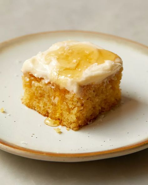 Cornbread Snacking Cake | easygayoven Honey Cream Cheese Frosting, Cream Cheese Cornbread, Baking Playlist, Honey Cream Cheese, Cheese Cornbread, Cornbread Cake, Snacking Cake, Honey Cream, Corn Cakes