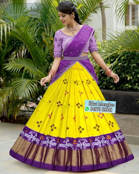 Ikkat Half Saree Designs, Pattu Lehenga, Salwar Designs, Ikkat Pattu Sarees, Half Saree Designs, Silk Dupatta, Blouse Work Designs, Fancy Sarees, Half Saree