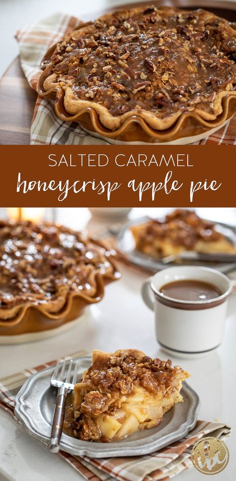 Salted Caramel Honeycrisp Apple Pie #saltedcaramel #honeycrisp #applepie #pie #dessert #recipe #fallbaking #caramel Honeycrisp Apple Pie Recipe, Honeycrisp Apple Pie, Salted Caramel Apple Pie Recipe, Caramel Apple Pie Recipe, Caramel Apple Pie Recipes, Caramel Apple Crumble, Honeycrisp Apple, Salted Caramel Apple Pie, Salted Caramels