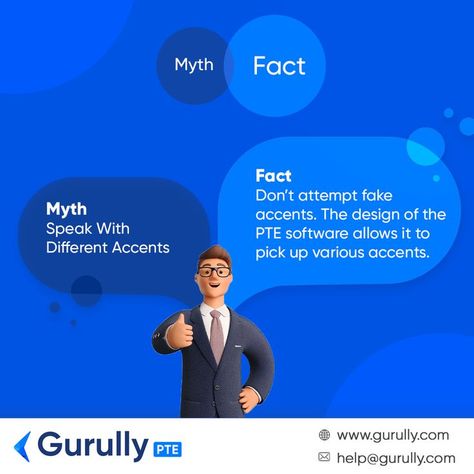 Myth: Speak With Different Accents Fact: Don’t attempt fake accents if you want a high score. The design of the PTE software allows it to pick up various accents, so stick to what you find comfortable. Don’t worry about sounding a particular way. Remember, assessors expect test-takers to maintain a natural tone and pace. #PTE #PTEExam #PTETest #PTEAcademic #PTETips #PTETipsandTricks #MythsandFacts #MythsandFactsSeries #GurullyMythsandFactsSeries #Gurully #GurullyPracticePlatform Myth And Fact, Myth Fact, Pte Exam, Pte Academic, Myths And Facts, Social Media Branding Design, Digital Marketing Design, Mock Test, Social Media Branding