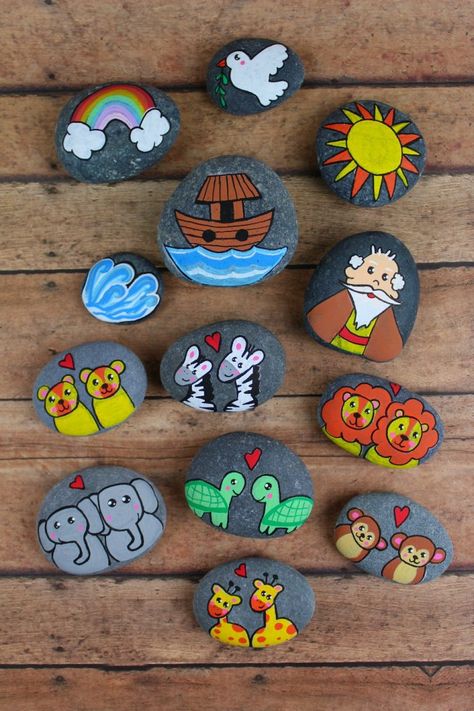 Story Stones Inspiration - Noahs Ark Story Rocks Ideas Painted Stones, Noahs Ark Craft, Story Rocks, Ark Craft, Easy Rock Painting, Garden For Beginners, Story Stone, Story Stones, Art Pierre