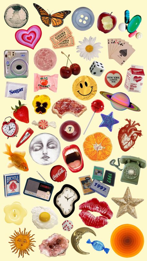 Collage Of Things I Like, Pinterest Collage Ideas, Sticker Collage Wallpaper, Aesthetic Pictures For Collage, Collage Stickers Aesthetic, Scrapbook Printables Stickers, Vintage Zines, Things To Print Out, Phone Collage Wallpaper