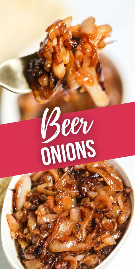 Beer Onions will elevate some of your favorite party foods. Brats, burgers and steaks can all be enhanced by these caramelized onions.