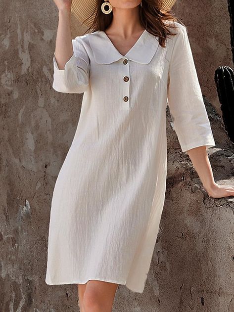 Women's Casual Dress Cotton Linen Dress Mini Dress Basic Basic Daily Vacation Shirt Collar 3/4 Length Sleeve Summer Spring White Plain 2024 - $31.99 Patterns For Dresses For Women, Woman Dresses Casual, Linen Cotton Dress, Women's Fashion Dresses Casual Simple, Linen Clothes For Women Summer, Casual A-line Linen Dress For Summer, T-shirt Dress, Modest Dresses Casual Classy, White Women Outfits