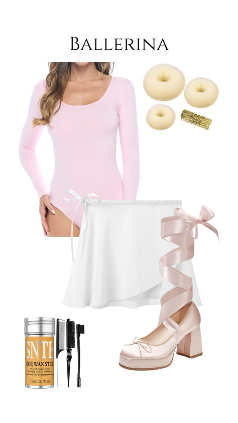 Ballerina-inspired Halloween costume featuring a soft pink long-sleeve leotard, white wrap skirt, ballet ribbon block heels, hair donut buns, bobby pins, and hair wax styling stick Ballerina Costume Women, Pink Cat Costume, Halloween Ballerina, Ballerina Halloween, Ballerina Halloween Costume, Solo Halloween Costumes, Hello Kitty Costume, Cat Costume Diy, Ballet Inspired Fashion