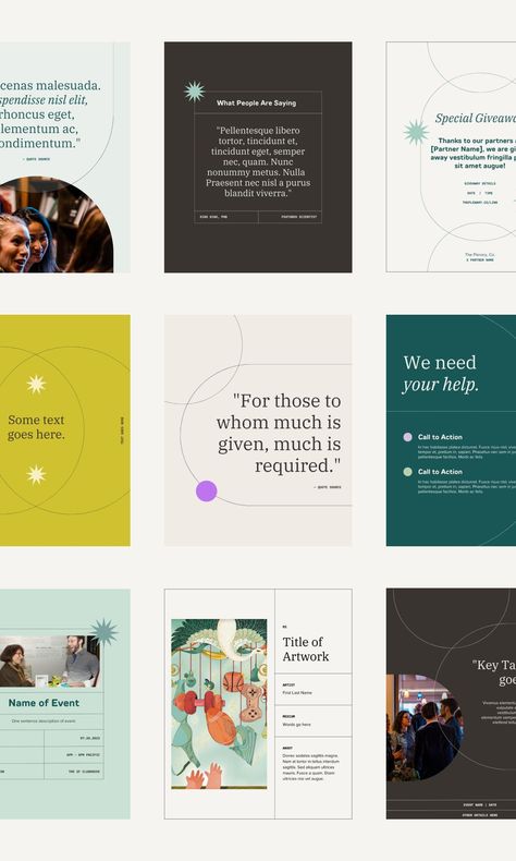 We designed a variety of photo heavy and text layouts for The Plenary, Co.'s social media templates. Each layout was designed to mirror the website's identity: bold, experimental, editorial and periodic. We also made elements overlap and interact with one another. You see circles overlapping photos, strong shapes, and gridded layouts. Instagram Text Template, Layout Design Social Media, Circle Editorial Design, Circular Layout Design, Acronym Design Layout, Template Social Media Design, Social Media Inspiration Design, One Pager Design Layout Inspiration, Nonprofit Social Media Design