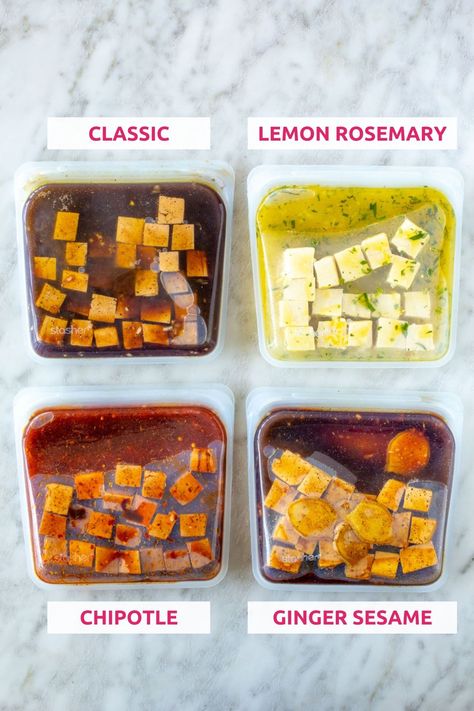 Marinated tofu is a great plant-based protein! Try these 4 different tofu marinades: Classic, Lemon Rosemary, Chipotle and Ginger Sesame! Southwest Tofu Marinade, Soy Sauce Tofu Marinade, Mediterranean Tofu Marinade, Mexican Tofu Marinade, Tofu Marinade Recipes, Stir Fry Pasta, Firm Tofu Recipes, Slow Cooker Meal Prep, Fried Pasta