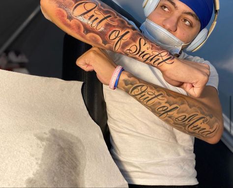 Forarm Sleeve Men, Out Of Site Out Of Mind Tattoo, Westside Tattoo Design, Against All Odds Tattoo Design, Name Sleeve Tattoos For Men, Front Arm Tattoo Men Sleeve, Name Arm Tattoo Men, 4 Arm Tattoos Men, Forearm Tattoo Writing