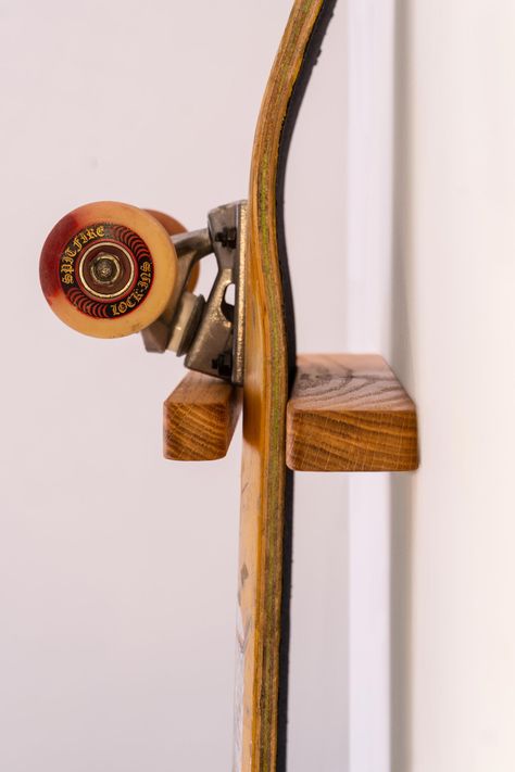 Rack And Ride · Stylish and Sustainable Oak Wall Mounts Skateboard Wall Mount Diy, Hanging Skateboards On Wall, Skateboard On The Wall, Skateboard Racks Diy, Skateboard Mount, Skateboard Holder, Skateboard Hanger, Skateboard Display, Skateboard Storage