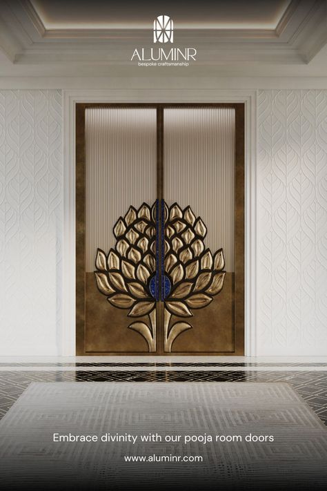 Pooja rooms fill one's heart with devotion, and at Aluminr, we strive to elevate the elegance of these spaces with our exquisitely crafted metal doors. Explore more about our luxury pooja room doors in the blog linked above. door design pooja room indian modern double door traditional design ideas aesthetic metal front doors art illustration photgrapghy #metalfrontdoors #ideas #inspiration #trends #luxury #luxurydoors #homedecor #manufacturer #seller #distributor #USA #collection #architect Entrance Glass Door Design, Pooja Room Doors, Pooja Door Design, Glass Door Design, Metal Doors Design, Luxury Door, Mandir Design, Temple Design For Home, Metal Doors