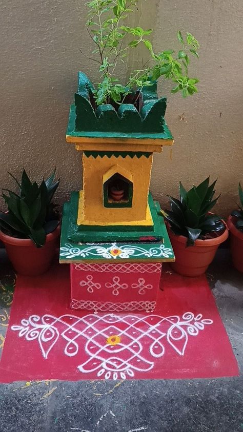 Exterior Diwali Décor - Tulsi Pot with Rangoli Tulasi Pot Design, Thulasi Kota Designs, Tulasi Decoration, Thulasi Plant Decoration, Thulasi Plant, Tulasi Plant, Tulsi Pot, Diwali Decoration Ideas, Tulsi Plant