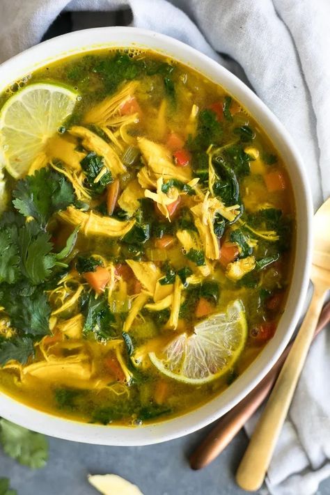 Thai Ginger Turmeric Kale Chicken Soup Kale Chicken Soup, Kale Chicken, Detox Soup, Ginger Turmeric, Winter Cold, Detox Recipes, Healthy Soup, Chicken Soup, Healthy Nutrition