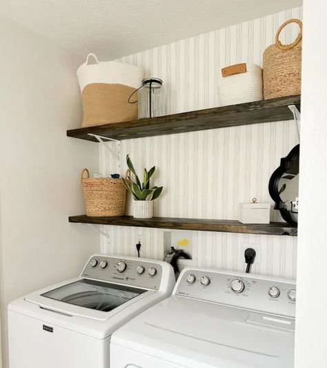 Cheap DIY Laundry Room Shelves For a Cute and Functional Space (Step-By-Step Guide) - Home By Alley Cheap Laundry Room Makeover, Diy Laundry Room Shelves, Diy Home Improvement Kitchen, Small Laundry Room Ideas, Narrow Laundry Room, Laundry Room Organization Storage, Laundry Makeover, Small Laundry Room Makeover, Small Laundry Room Organization