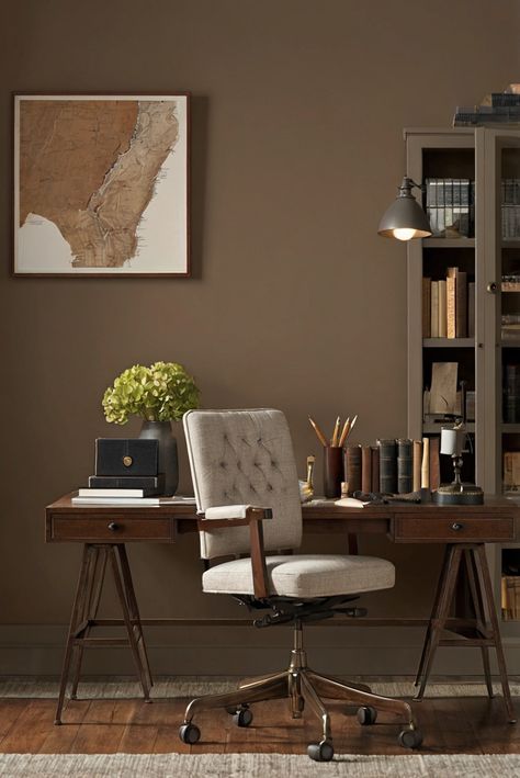 home office design, home office decor, office interior design, workspace design Brown Office Walls, Brown Walls Office, Earth Tone Home Office, Brown Home Office, Home Office Dark, Brown Office, Taupe Walls, Brown Leather Chairs, Brown Decor