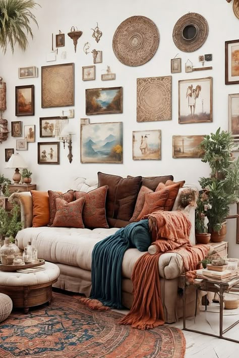 Living Room Hippie, Hippie Living Room, Boho Living Room Inspiration, Cozy Boho Living Room, Boho Apartments, Earthy Living Room, Boho Gallery Wall, Boho Interior Design, Eclectic Gallery Wall