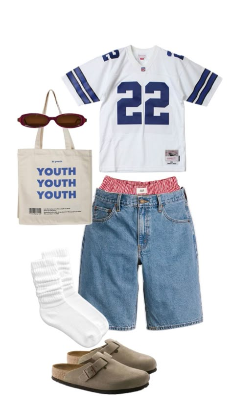 summer outfit, shorts, jorts, jersey, birkenstocks, blue outfit Summer Outfit Shorts, Jorts Outfit, Men Streetwear Fashion, Outfit Shorts, Teen Swag Outfits, Fashion Layout, Black Men Street Fashion, Men Street Fashion, Mens Casual Dress Outfits