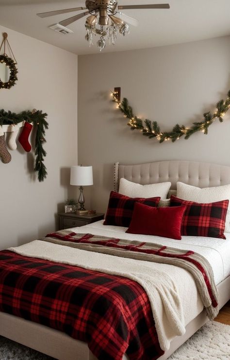 Christmas Room Inspiration, Holiday Bedroom Decor, Seasonal Room, Holiday Room Decor, Holiday Bedroom, Winter Bedroom, Holiday Room, Cozy Christmas Decor, Christmas Apartment