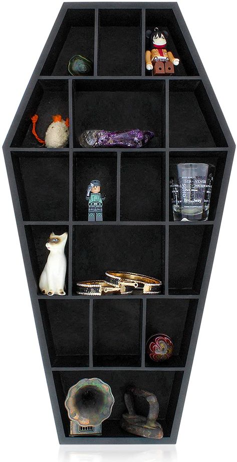 Emo Decor, Coffin Shelves, Gothic Shelf, Fmq Designs, Coffin Shelf, Gothic Bathroom, Gothic Coffin, Halloween Room, Curio Shelf