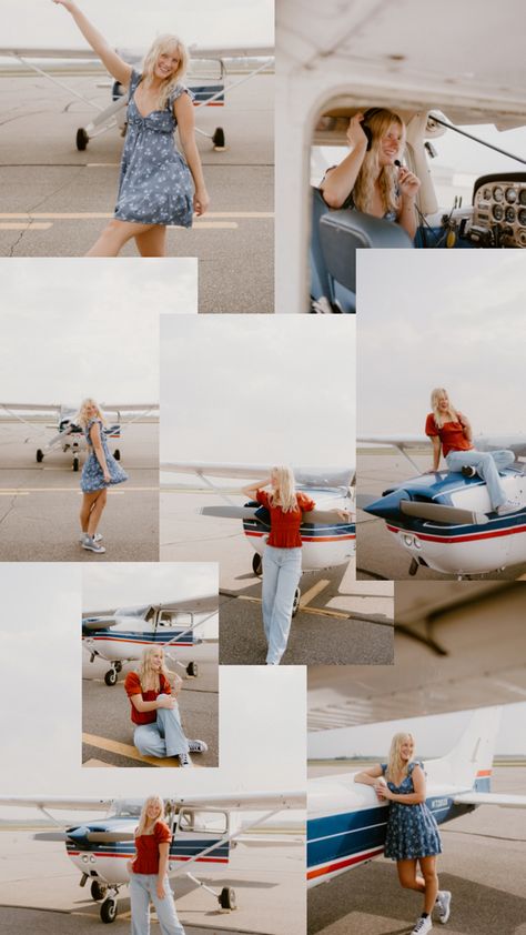 Senior Pics With Airplane, Plane Senior Pictures, Aviation Photoshoot, Airplane Pics, Senior Posters, Airplane Photos, Airplane Pilot, Senior Pics, Shoot Ideas